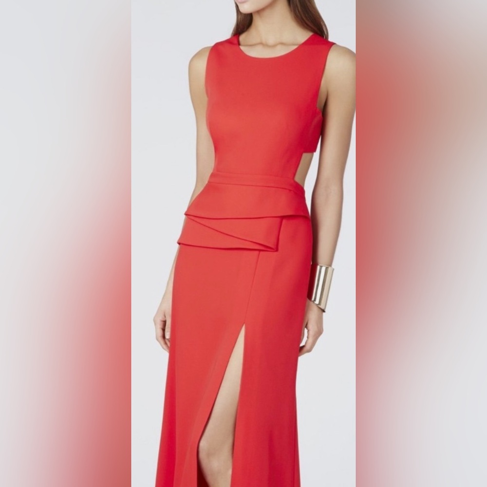 BCBGMaxAzria Kiara BT Poppy Red Evening Gown, Size 6..Peplum, Slit, Cut-out - Picture 4 of 11